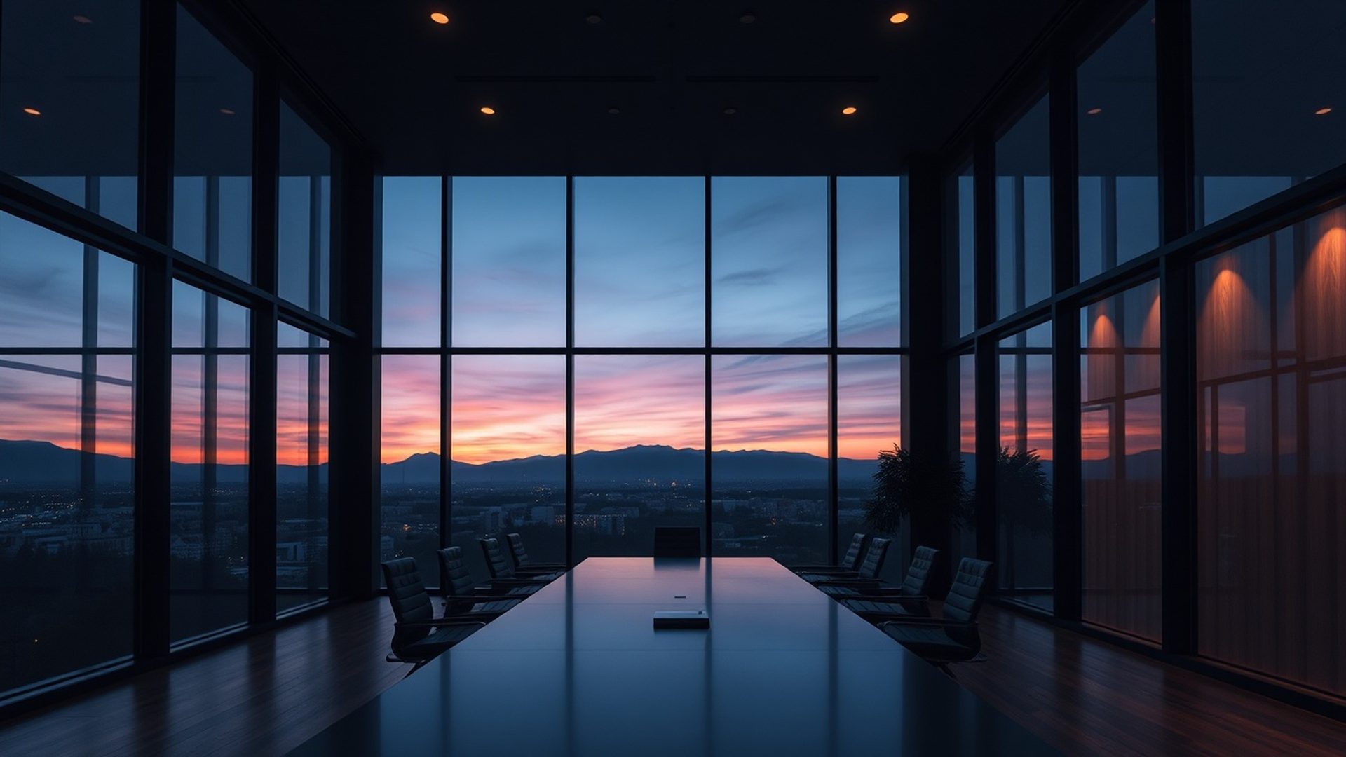 Sală de consiliu în tonuri indigou cu vedere spre Brașov la apus
